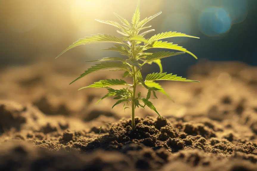How much light do cannabis seedlings need? A lush, vibrant cannabis seedling, bathed in gentle, warm sunlight filtering through a partially drawn sheer curtain, casting soft, delicate shadows on its leaves and illuminating its intricate features.